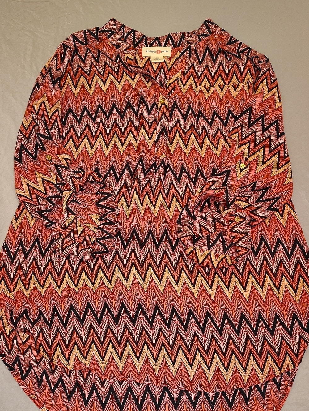 Wishful Park Zigzag V-Neck Button Blouse - Orange, Black, Cream